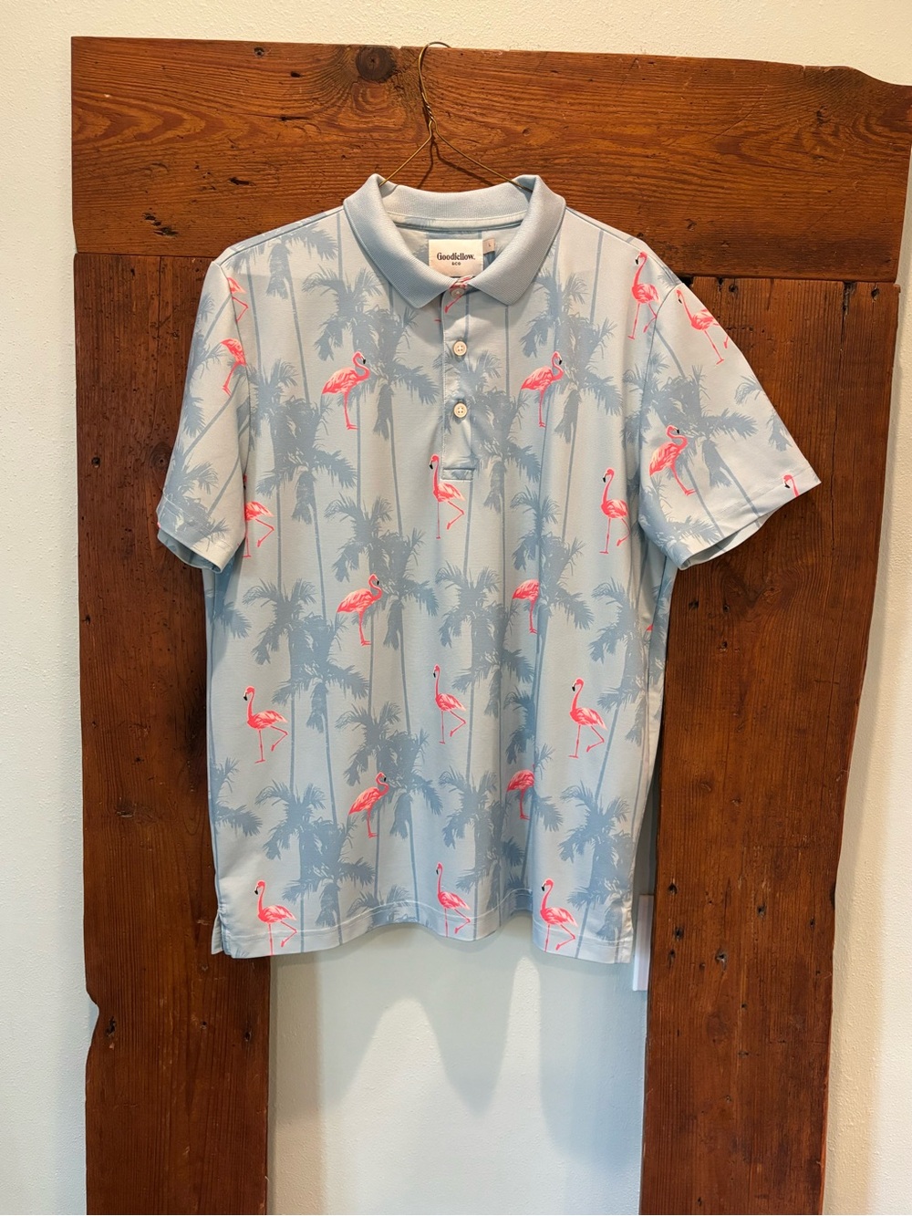Goodfellow & Co Light Blue Polo with Pink Flamingo Print